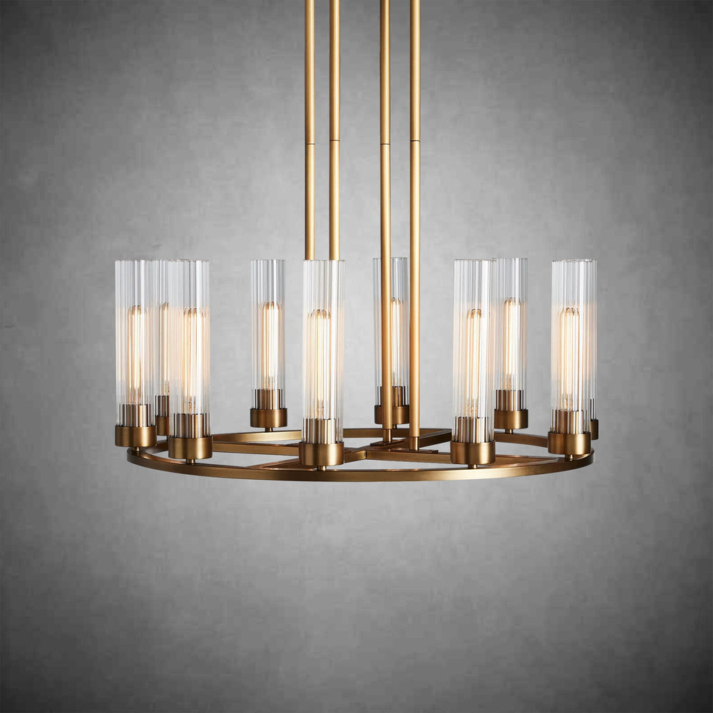 Andreas Round Chandelier Vintage Fluted Glass 10 or 12-Light Brass