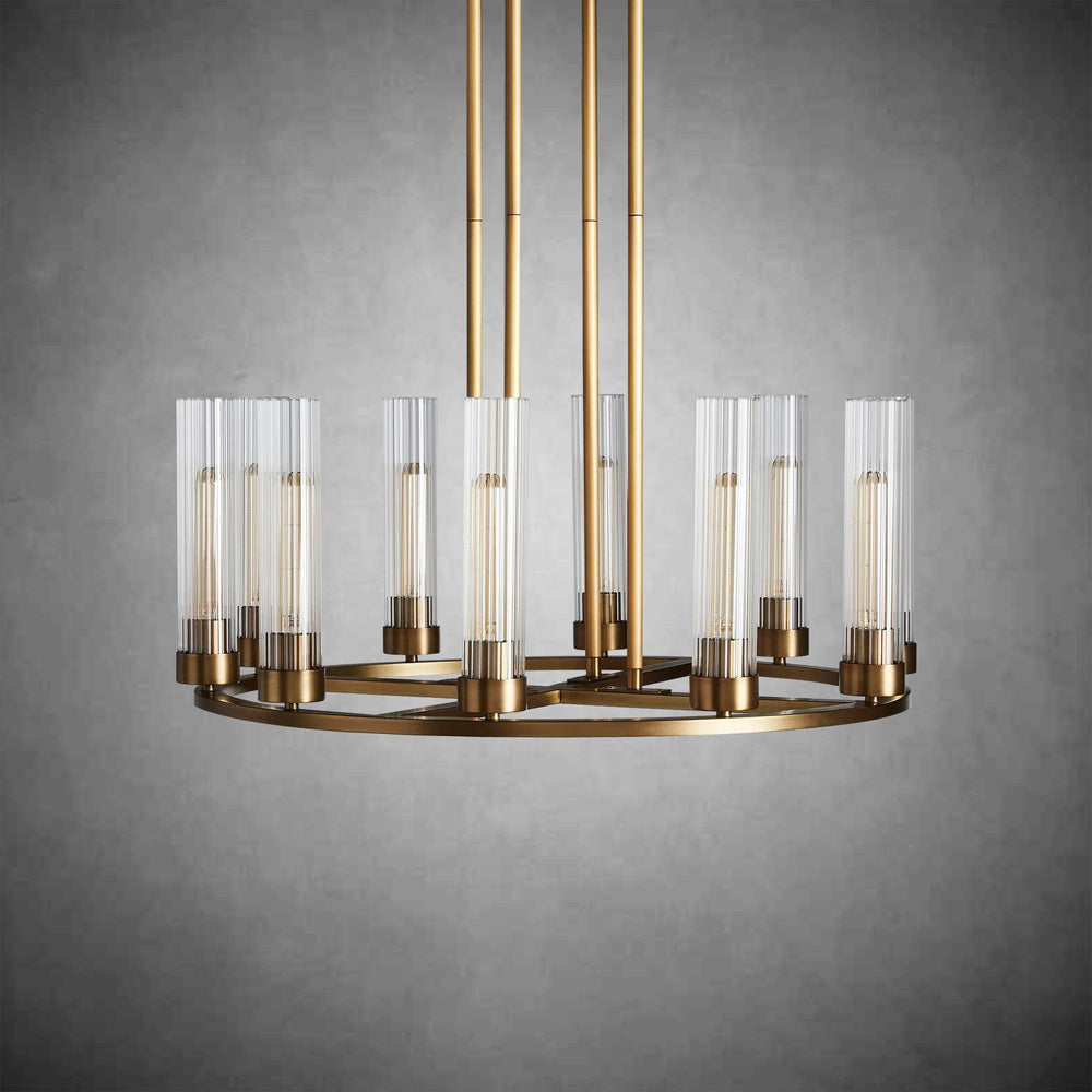 Andreas Round Chandelier Vintage Fluted Glass 10 or 12-Light Brass