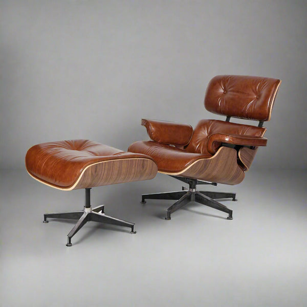 Vintage Tan Brown leather lounge chair and ottoman