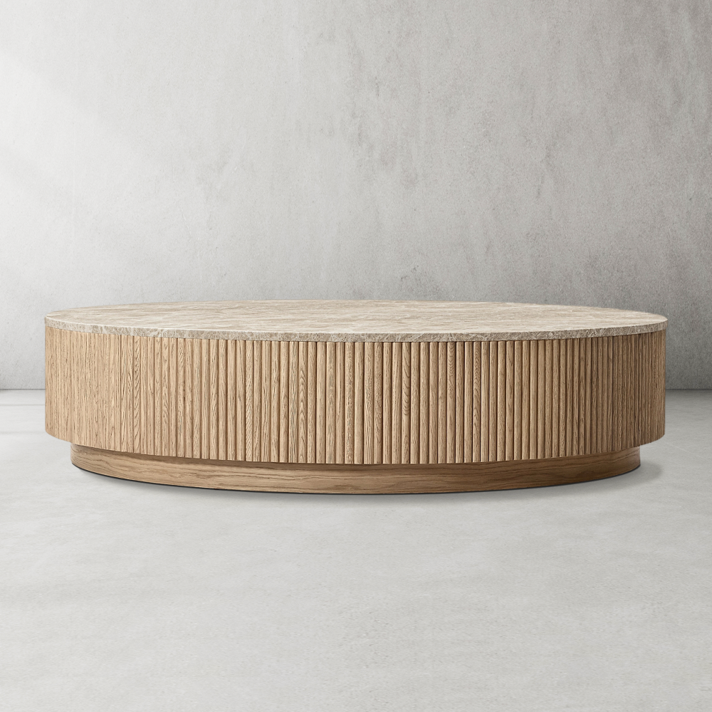 Mulholland Oak Wood & Stone Round Coffee Table