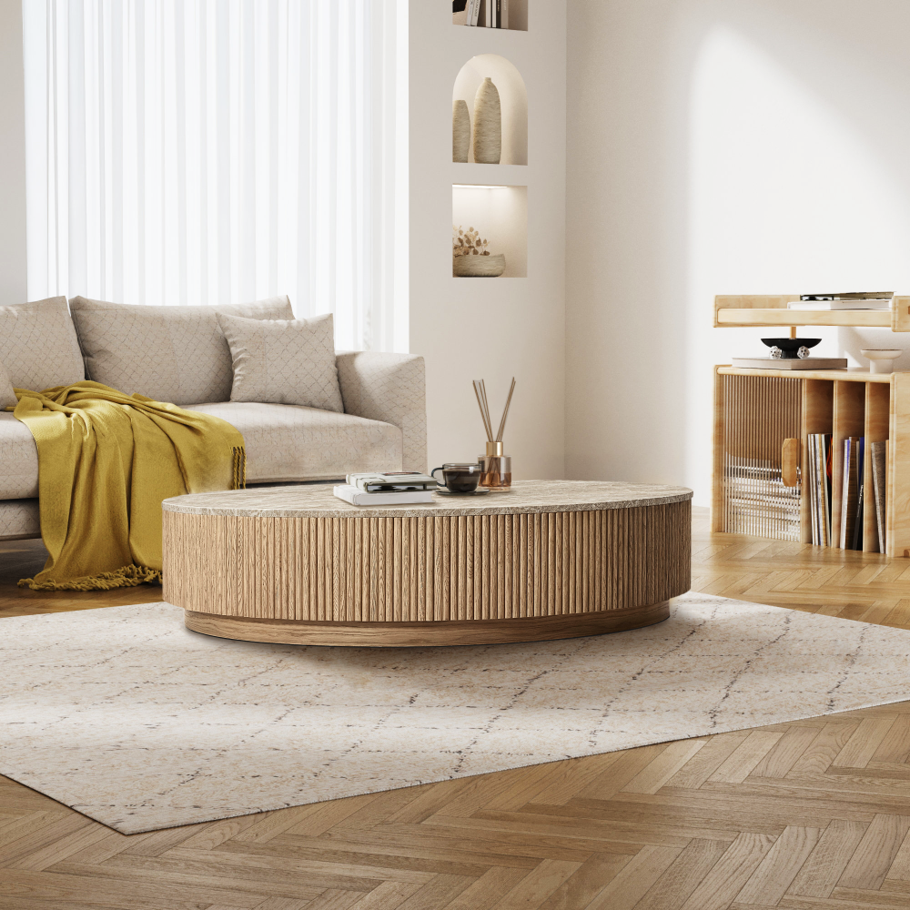 Mulholland Oak Wood & Stone Round Coffee Table