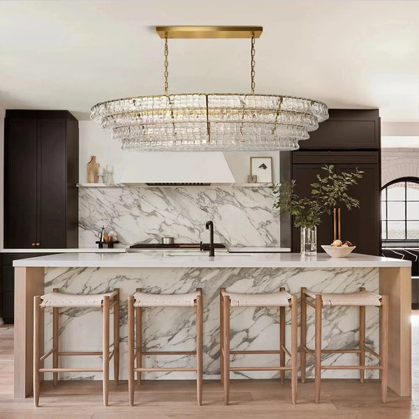 Ghiaccio Oval Curved Glass Chandelier Plated Brass Finish 54 65